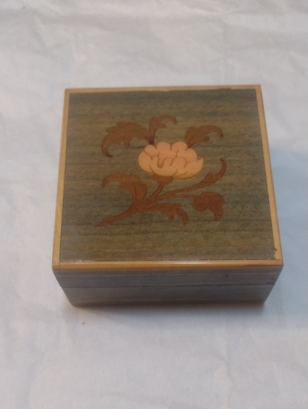 Small Vintage Italian Wood Inlay Floral Jewelry Box - Brown and Tan